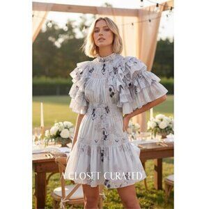 Magali Pascal Adrienne Floral Smocked High Neck Ruffle Tiered Mini Dress Blue XS